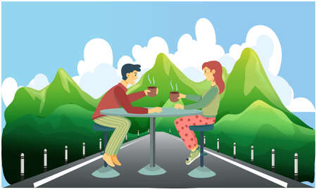 couple is enjoying coffee sitting on the roadsのイラスト素材
