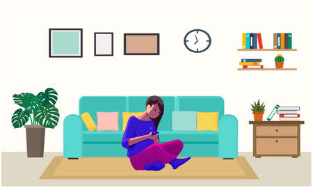 a girl is playing games at homeのイラスト素材