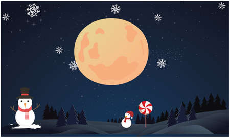 big and small snowman in the moon night during Christmasのイラスト素材