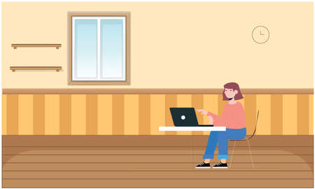 a woman is working on laptop in the roomのイラスト素材