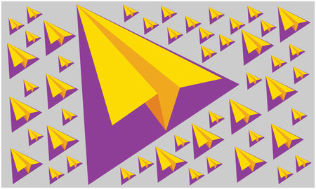 several big and small yellow paper planes on grey artwork
