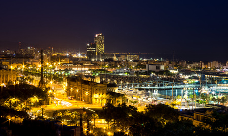 Night view of Barcelona Port Vell, Port Olimpic, Mirador de Colom from Montjuic hill, Cataloniaのeditorial素材