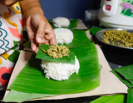 Thai sticky rice on banana leaf. Thai traditional food in Thailand.の写真素材