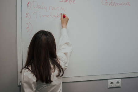 Female teacher writing on the marker board im classroom. Education concept english language lesson