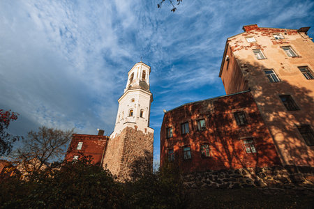 Vyborg, Russian Federation - October 6, 2021; Vyborg Clock Tower. Belfry of the Vyborg Cathedral,...
