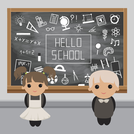 Schoolboy and Schoolgirl in a classroom near the school boardのイラスト素材