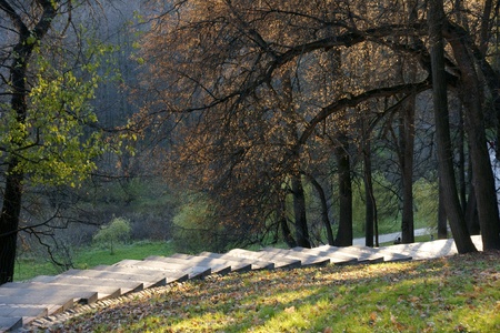 Stairs in Tsaritsyno park in sunny fall¬ day, Moscow, Russia 