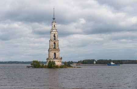 Kalyazin Bell Tower (Flooded Belfry over Water of Uglich Reservoir on the Volga River) as part of Monastery of St. Nicholas, opposite old town of Kalyazin, Tver Oblast, Russiaのeditorial素材