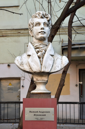 Moscow, Russia, November 11, 2018: bust-monument to the outstanding Russian poet Vasily Andreyevich Zhukovsky (1783 - 1852), author AN Burganov, in Lyalin Laneのeditorial素材