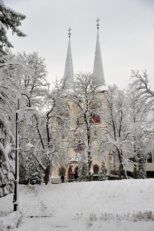 Church of sv. Joseph the Beloved with two towers (1899), Jizera Mountains, Polandの写真素材