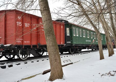 Moscow, Russia, January 24, 2020: Military ambulance train in museum under open sky. Victory Park on the Poklonnaya Gora (the Poklonnay Hill)のeditorial素材