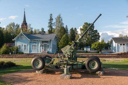 Anti-aircraft gun of World War II near Old railway station in Keuruu, town and municipality of Finlandのeditorial素材