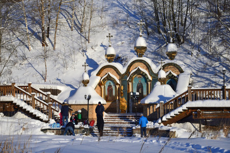 Radonezh, Moscow Oblast, Russia, October 01, 2018: Holy spring on Pazha river in historic village...