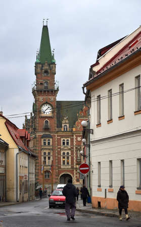 Frydlant, Czech Republic, December 21, 2018: Town Hall of Frydlant, Masaryk Square in Liberec Districtのeditorial素材