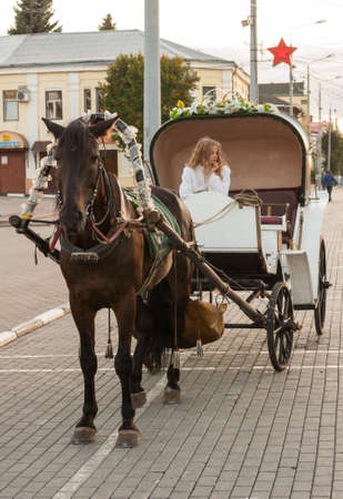 Noginsk, Noginsky District, Moscow Oblast, Russia, September 17, 2011: Horse Drawn Carriage await on pedestrian old street in city centerのeditorial素材