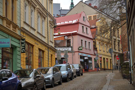 Liberec, Czech Republic, December 19, 2018: Old buildings in street in historic centerのeditorial素材
