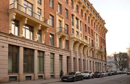 Moscow, Russia, April 11, 2021: Old buildings in Bolshoy Lyovshinsky laneのeditorial素材