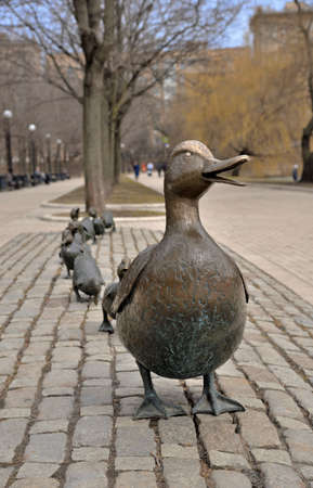 Moscow, Russia, April 12, 2021: Bronze sculptural composition "Make way for ducklings!" on stone-paved path near Novodevichy pond. Monument is kind of symbol of reconciliation between Russia and Unitのeditorial素材