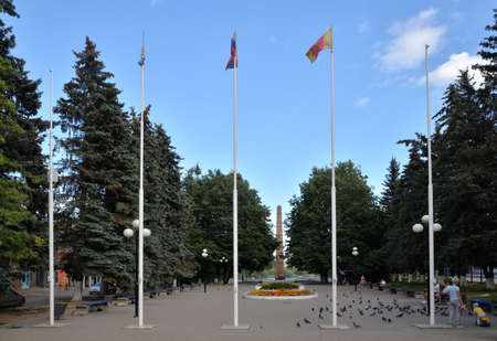 Kimry, formerly Kimra, Tver Region, Russia, July 31, 2021: View of Theater Square with Victory Obeliskのeditorial素材