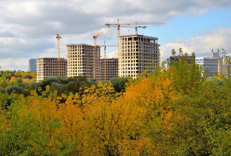 Moscow, Russia. September 28, 2021: Construction of a residential complex in Ramenki of Western Administrative District in autumnのeditorial素材