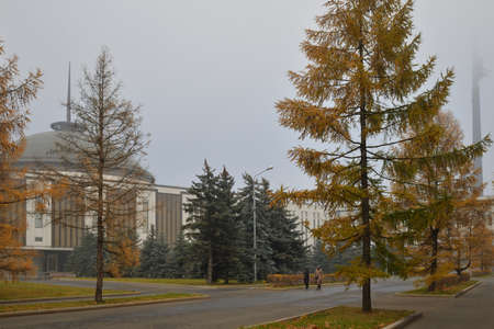 Museum of Victory in Poklonnaya Hill in heavy fog, Moscow, Russiaのeditorial素材
