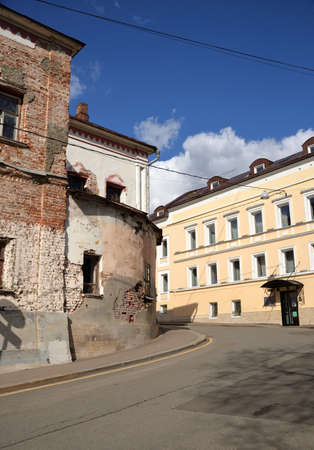 Moscow, Russia, April 9, 2021: Ancient houses, including Jurgenson's musical press under...