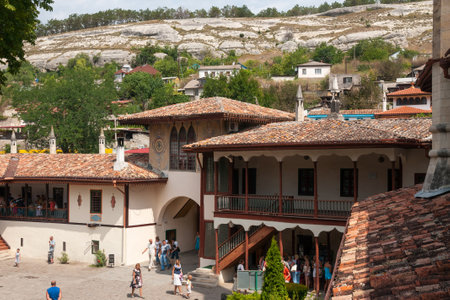 Bakhchisarai, central Crimea, August 2, 2012: Ancient of palace buildings complex facing palace square of Bakhchisaray Palaceのeditorial素材