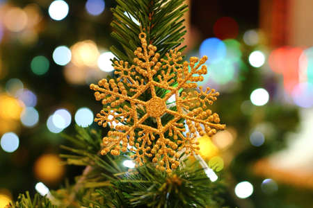 Golden Snowflake hanging on Christmas tree with blur bokeh background.の写真素材