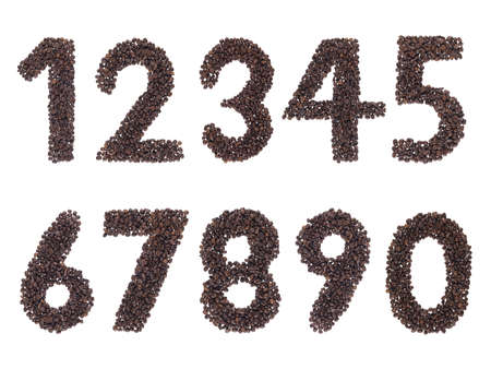 number made with coffee beans on a white backgroundの写真素材