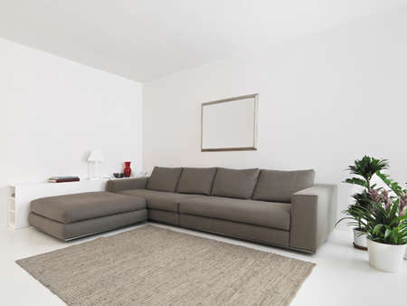 interior view of living room with fabric sofa and carpetのeditorial素材