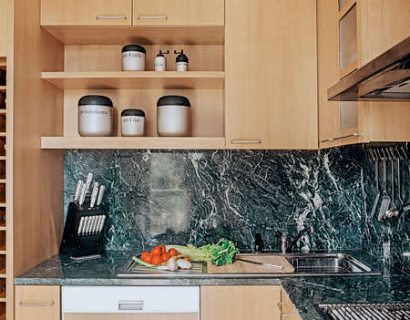 vegetables on the worktop near to steel sink ina modern kitchenのeditorial素材
