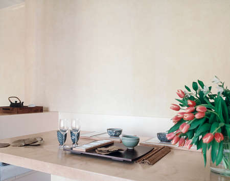 japanese dishes on the table with flowersのeditorial素材