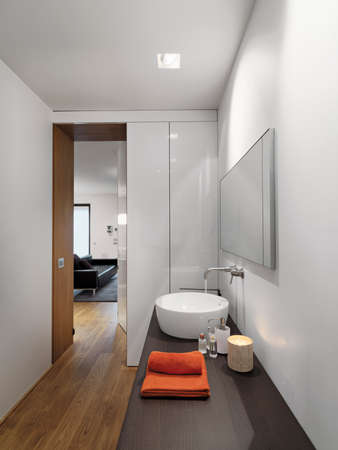 interior view of a modern bathroom in  foreground the countertop washbasin overlooking on the living roomの写真素材