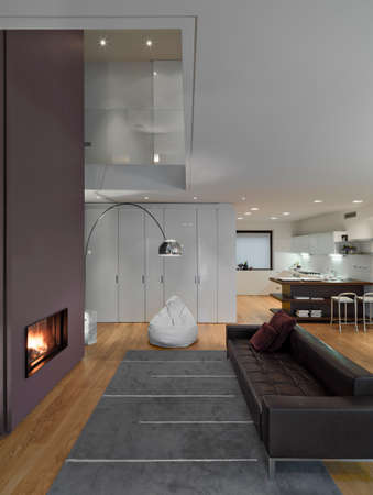 internal view of a modern living room with black leather sofa and carpet In front of the fireplace overlooking on the kitchen the floor is made of woodの写真素材