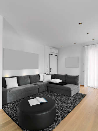 internal shots of a modern living room in foreground the gray fabric sofa and theの写真素材