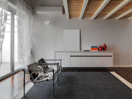 internal shooting of a modern living room with leather armchairs and carpetの写真素材