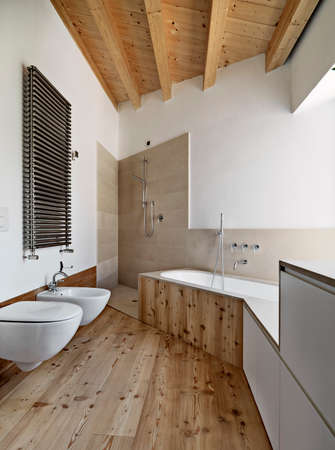 interior view of a modern bathroom with wood ceiling and wood floorの写真素材