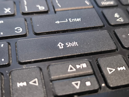 Keyboard of a laptop close-up with the word stay.の写真素材