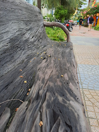 Unique Handcrafted Bench Made from Dark Weathered Tree Logの写真素材
