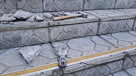 Construction hand tools left on dusty stone steps during home renovation process. Manual work...