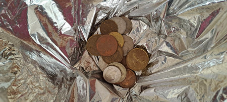 Coins in crumpled aluminum foil as a background or textureの写真素材