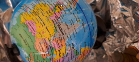 Close up of a globe map with India