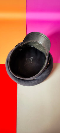 An authentic dark gray student hat from the USSR era placed on a colorful background.の写真素材