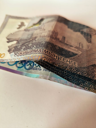 Macro detail of twenty thousand Kazakhstani tenge bill with texture.