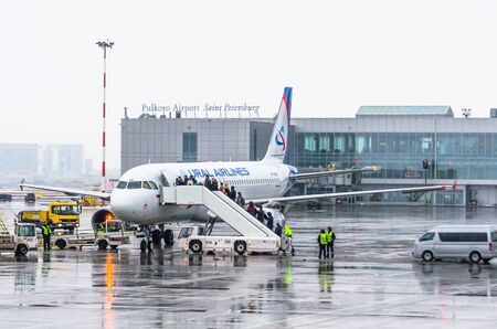 Airbus a320 Ural airlines, airport Pulkovo, Russia Saint-Petersburg January 2017.のeditorial素材