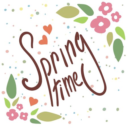 Floral frame with text. Spring time wording with hand drawn flowers.のイラスト素材