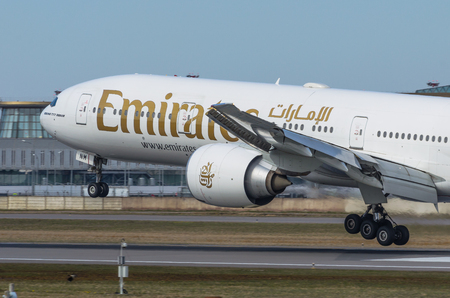 777 Emirates airlines, airport Pulkovo, Russia Saint-Petersburg May 2017のeditorial素材