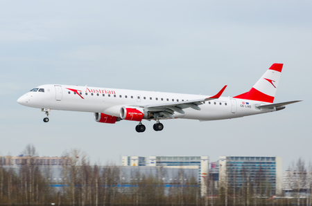 Embraer Austrian airlines, airport Pulkovo, Russia Saint-Petersburg May 2017のeditorial素材