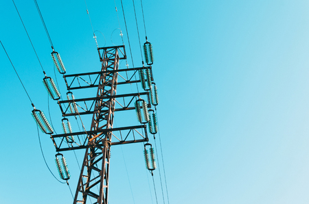 Power line support with high voltage wiresの写真素材