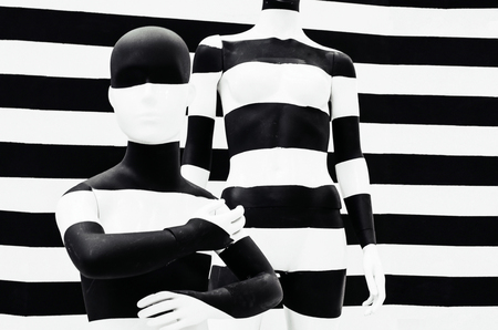 Art mannequin black and white stripes, on striped with black and white stripes. Disguiseの写真素材